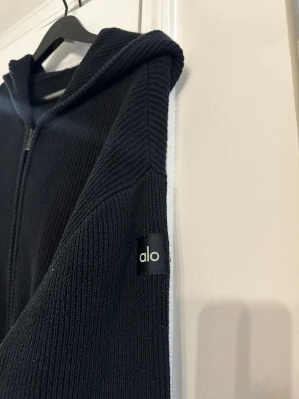 ALO YOGA Domain Rib Knit Full Zip Sweater Top in Black Size Large - Image 4
