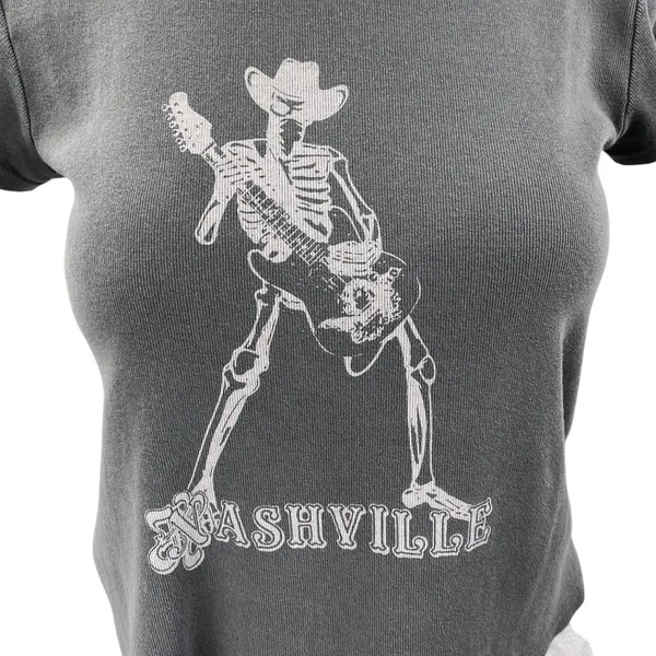 John Galt Nashville Skeleton Women's Gray Short Sleeve Graphic Tee T-shirt Top S - Image 3