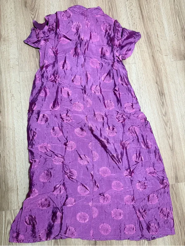 Vintage Cheongsam Qipao Maxi Dress Purple Floral Medallion Frog Button M - Image 2