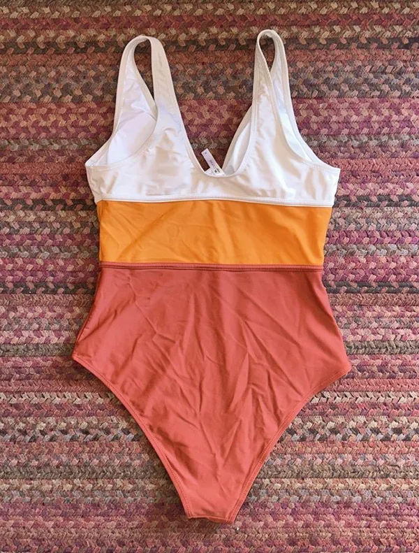 CUPSHE ORANGE CREAM COLOR BLOCK ONE PIECE HIGH CUT BIKINI - Image 5