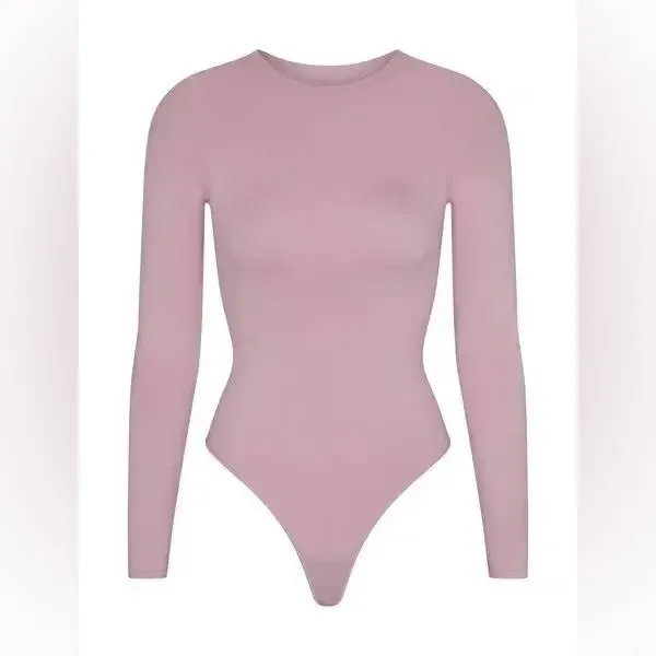 Skims DUSK Long Sleeve Bodysuit XXS/XS w snaps Raw Neck Cut Mock High Neck Pink - Image 2