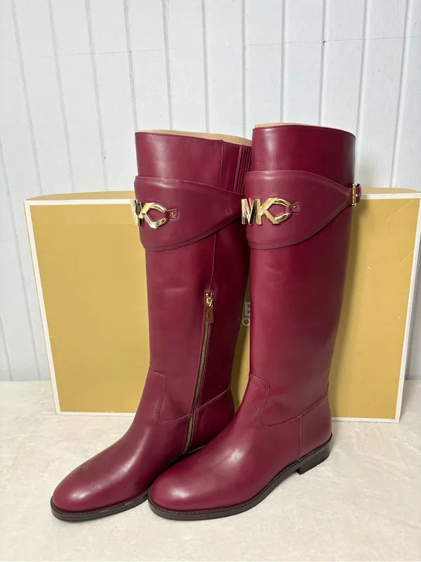 Michael Kors Izzy Tall Leather Riding Boots Dark Berry Color with Gold MK Accent - Image 2