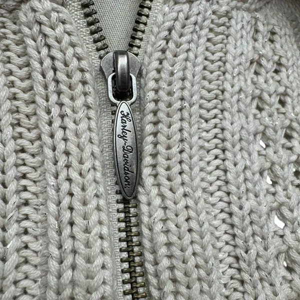 Harley-Davidson Full Zip Shawl Neck Sweater Cream Silver Sparkle Small - Image 2