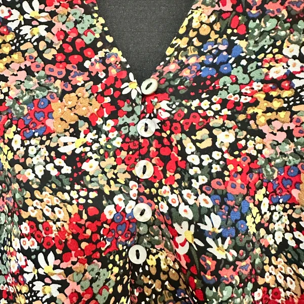 ENTRO | Floral V Neck‎ Button Front Long Balloon Sleeve Chiffon Mini Dress, S - Image 4