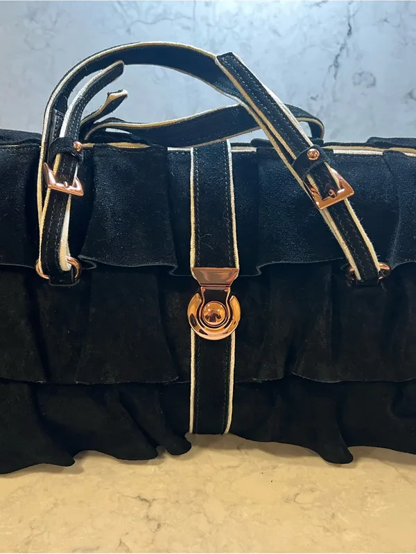Black Ruffle Suede Satchel with Gold Accent - Image 2