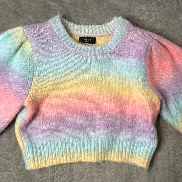 VICI Pastel Rainbow Fuzzy Crop Sweater Puff Sleeve‎ Dopamine Kawaii Kidcore Sz M - Image 9