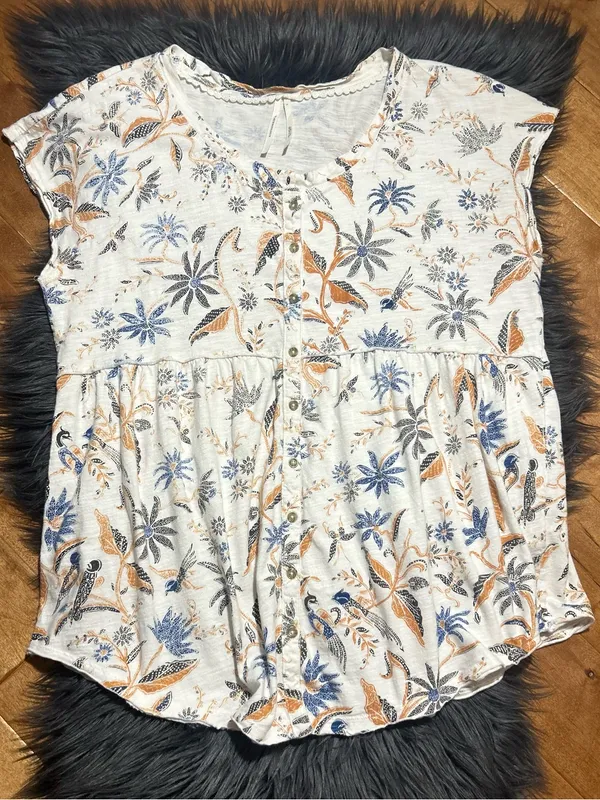 Anthropologie Tunic Button Down Floral Print Top Cream Blue Top Size Large - Image 2