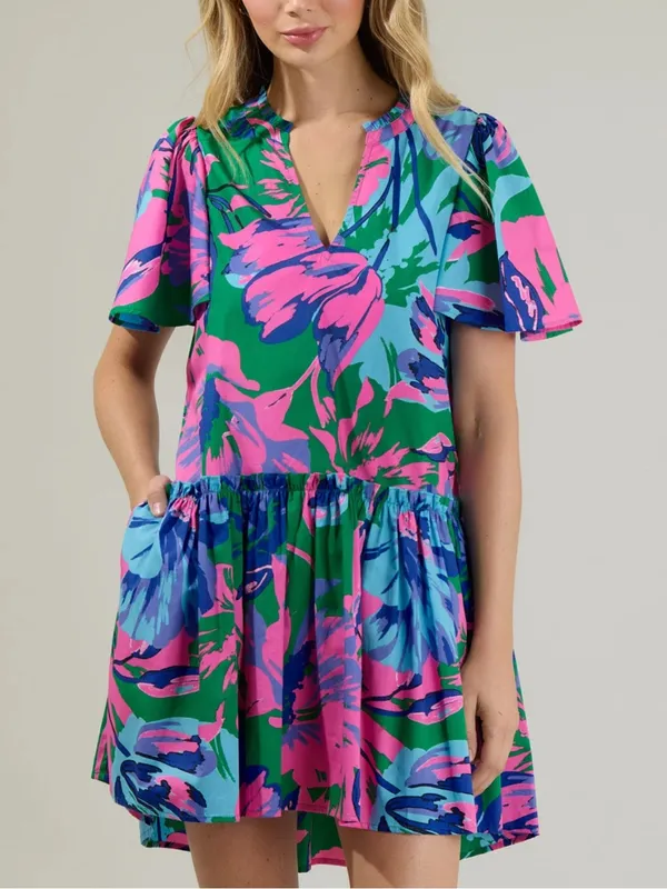 SUGARLIPS Raylee Floral Rock A By Trapeze Dress in Kelly Blue Multi - Image 2