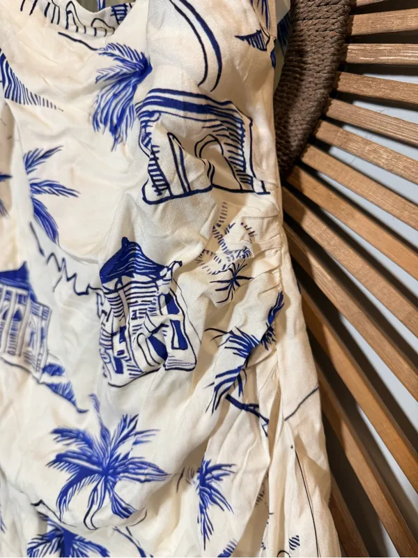 Lulus Inina Ivory & Blue Print Asymm Halter Printed Mini Dress Vacation Resort Beach - Image 6