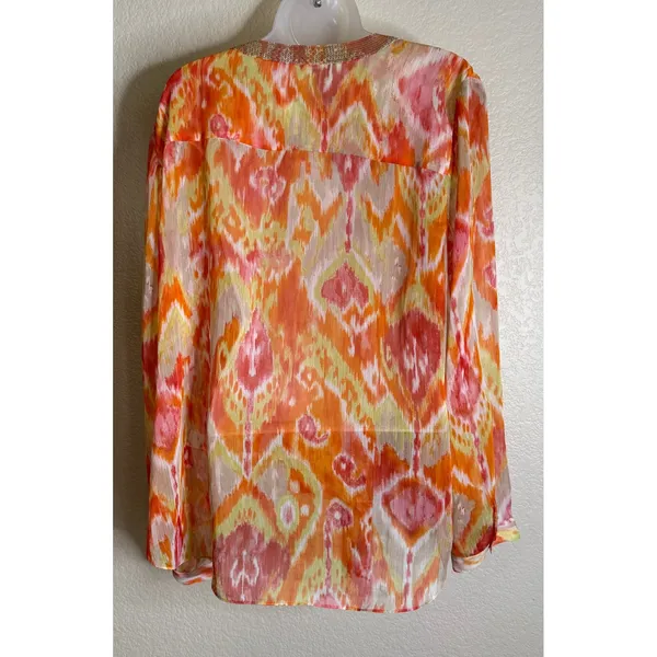 Chicos 3 US XL Womens Blouse Orange Ikat Sequin Neck Front Tie Long‎ Sleeve Top - Image 2