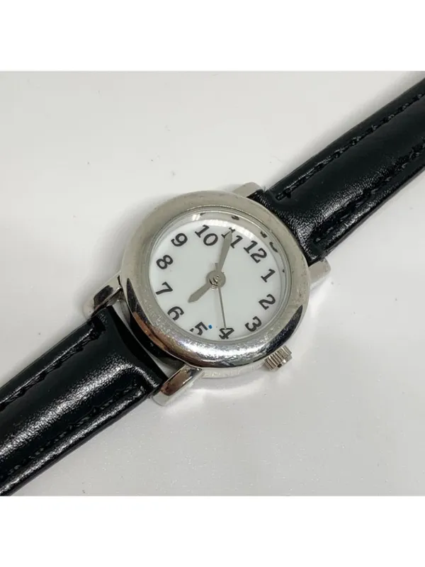 FMD women’s watch silver tone quartz analog 25mm black leather band running - Image 2