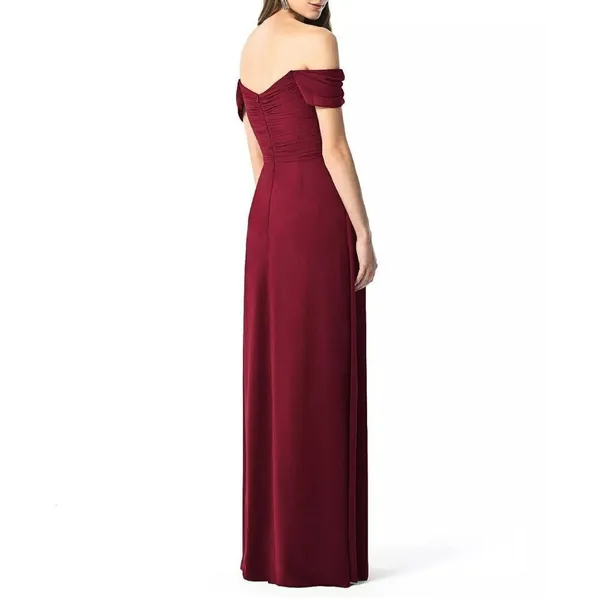 Dessy Collection 2844 Burgundy Off The Shoulder Chiffon Bridesmaid Dress Size 0 - Image 2