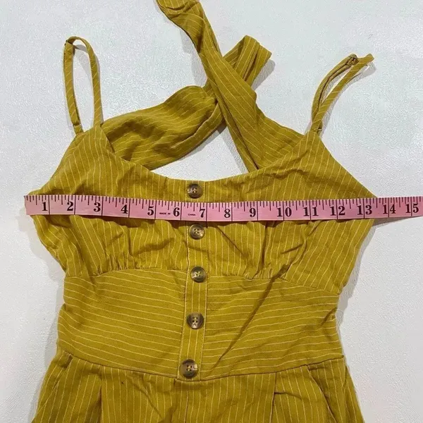 Lulus Mustard Stripe Wide Leg Jumpsuit XS Boho Button Front Romper - Image 5