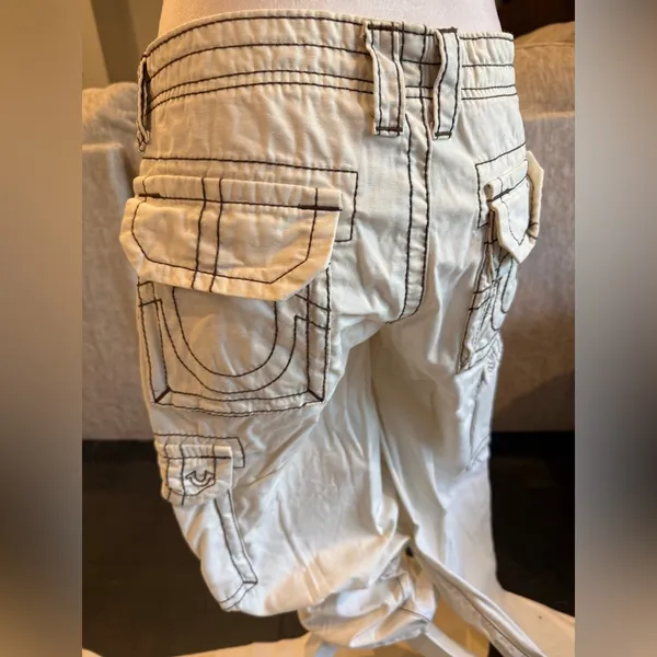 True Religion Cream Cargo Pants with Stitch Detailing - Image 5