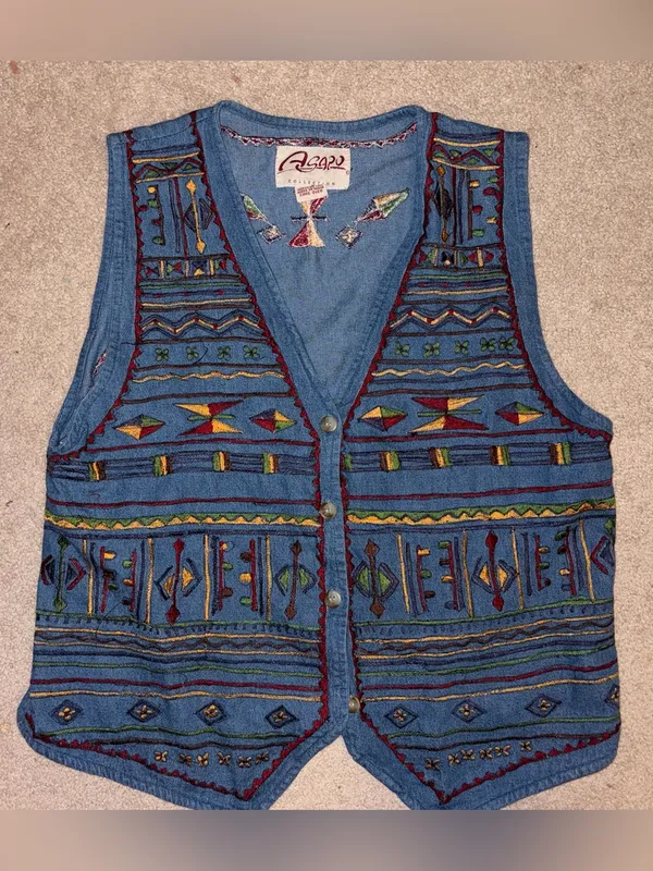 Vtg Asapo Western 100% Cotton Floral Tribal Embroidered‎ Denim Button Up Vest, M - Image 3