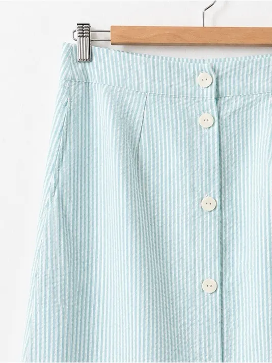Light Blue and White stripes Maxi Button-Front Skirt - Women - Image 4