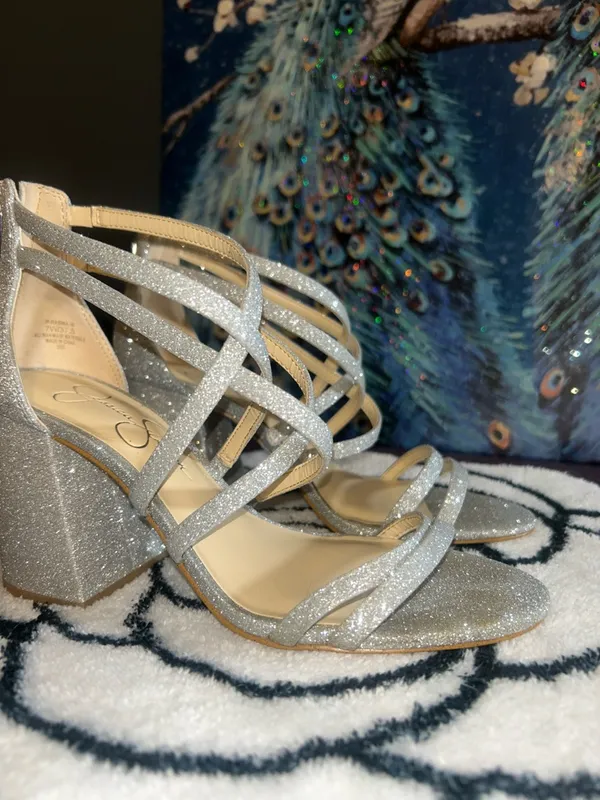 Jessica Simpson Silver Glitter Strappy Block Heel Sandals Size 7 - Image 2