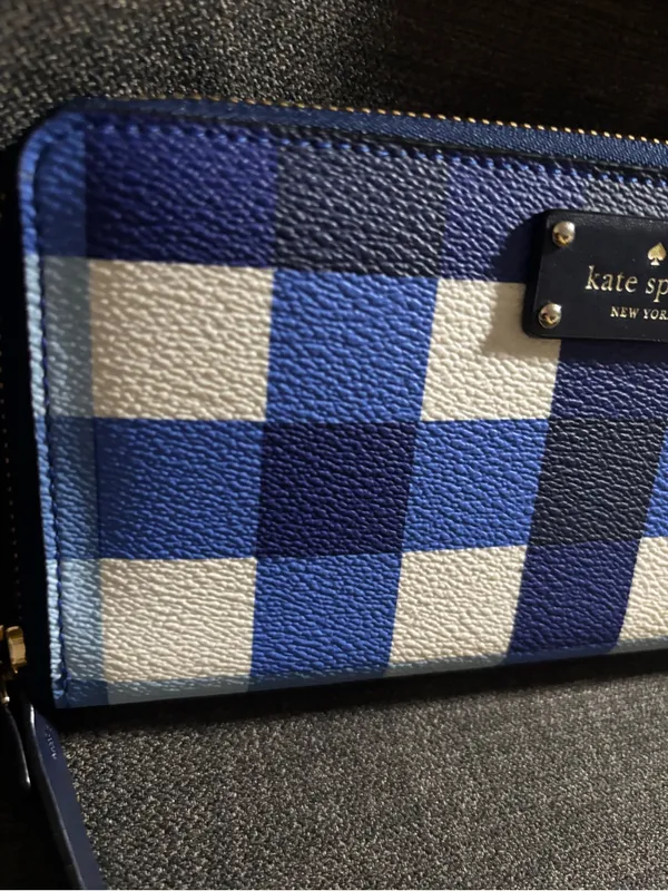 KATE SPADE - 'ANITA' Blue & White Plaid Check Continental Long Full Zip Wallet - Image 3