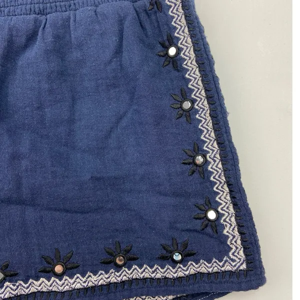 Miami Navy Blue Embroidered Sequin Rhinestone Floral Print Cotton Shorts Size S - Image 3