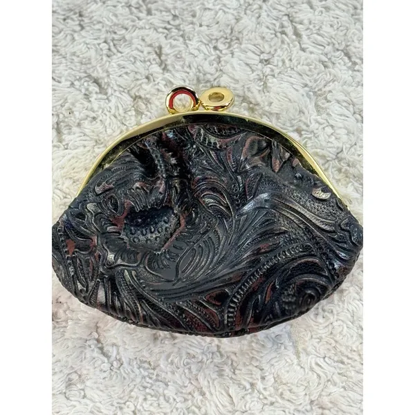 Vintage Buxton Leather Coin Purse &‎ Tooled Floral Kiss Lock Pouch Set Black - Image 2