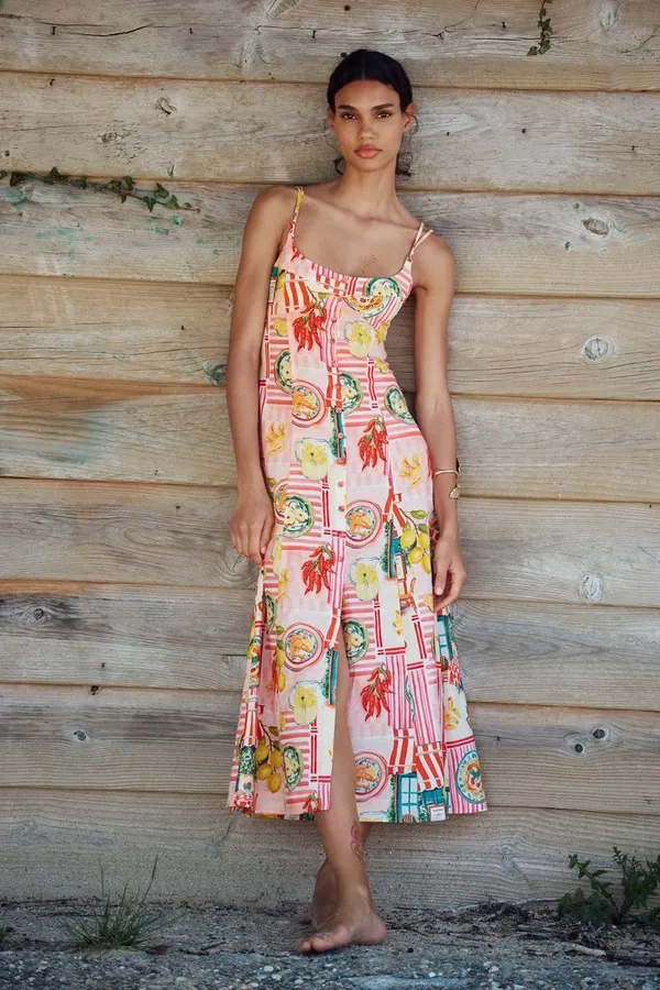 Zara Floral Pink Lemon Print Maxi Dress - Italy Inspired Summer Linnen Dress - Image 10