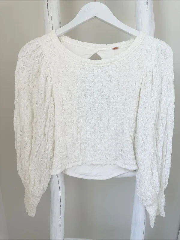 Free People Jasmine Tea Time Cream Textured Puff-Sleeve Knit Top Keyhole Back - Image 2