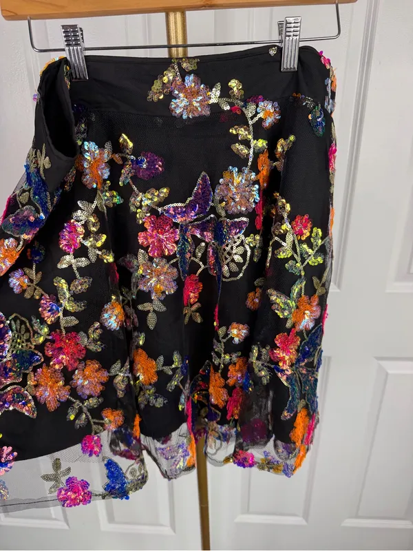 Impressions 1X Black Multicolor Floral Sequin Fit & Flare Mini Skirt NWOT - Image 7