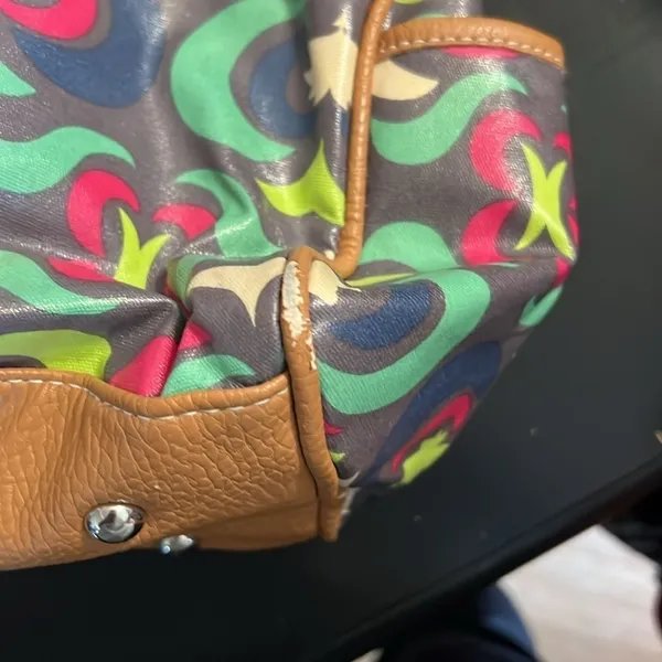 Lily Bloom Multicolor Satchel Handbag‎ Geometric Floral Coated Canvas Brown Trim - Image 12
