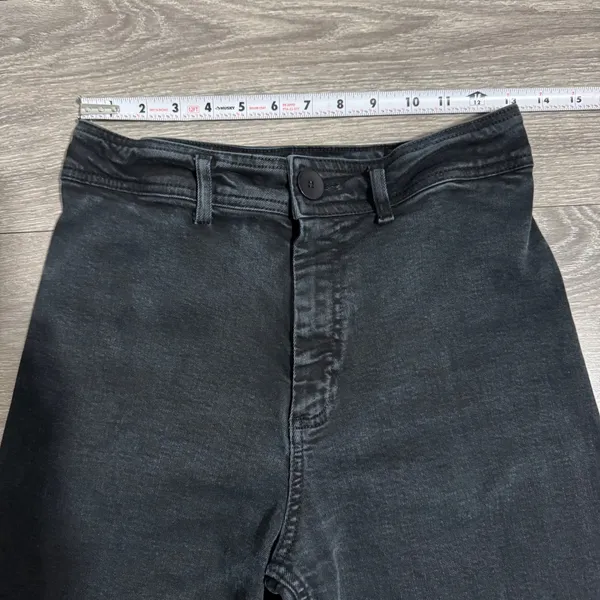 Washed Black High Rise Wide Leg Raw Hem‎ Jeans Patch Pockets 26W L28 Bohemian - Image 3