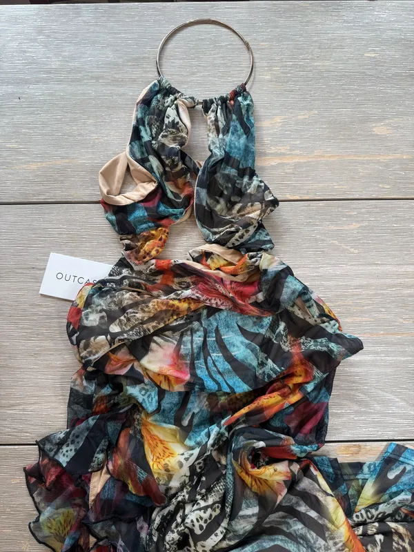 Multi-colored floral and leaf print maxi dress with cut-out back #floraldress #cutoutmaxi #club #festival #outcast - Image 2