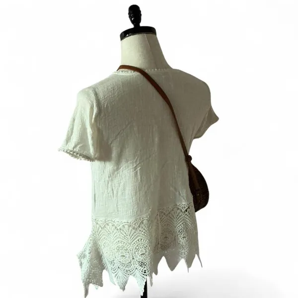 Solitaire Festival Boho Lace Hem Gauze‎ Blouse Womens M White Crochet Pom Top - Image 3