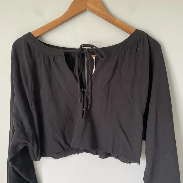 Free People Cropped Blouse Top Boho Cottagecore Black Women's Size XS - Image 3