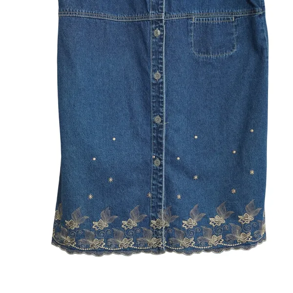 Vintage Denim Button Front Dress Size L Gold Embroidered Scalloped Trim Country - Image 3