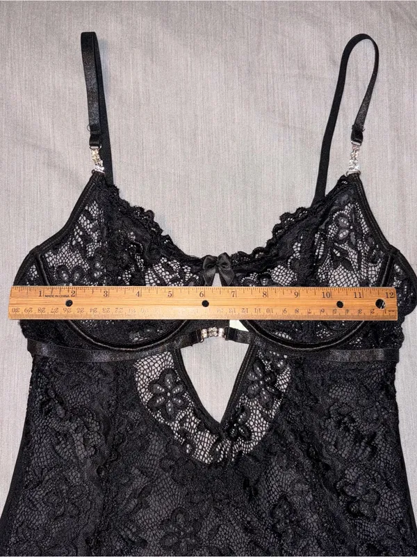 Shein Small Black Lace Mesh High Slit Mini Lingerie Dress, Rhinestone Wired Cups - Image 6