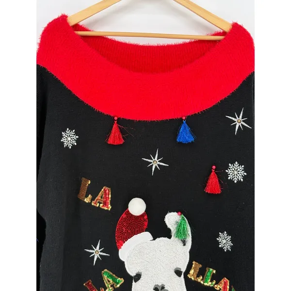 Holiday Time Christmas Sweater Women 2X Black Llama Tunic Tassels Sequin Fuzzy - Image 4