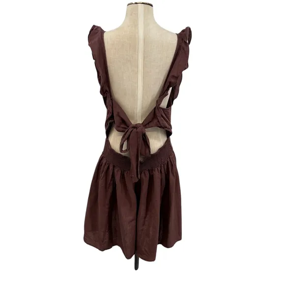 Free People Erin Ruffled Mini Dress Cut Out Back Linen Brown Size Large - Image 10
