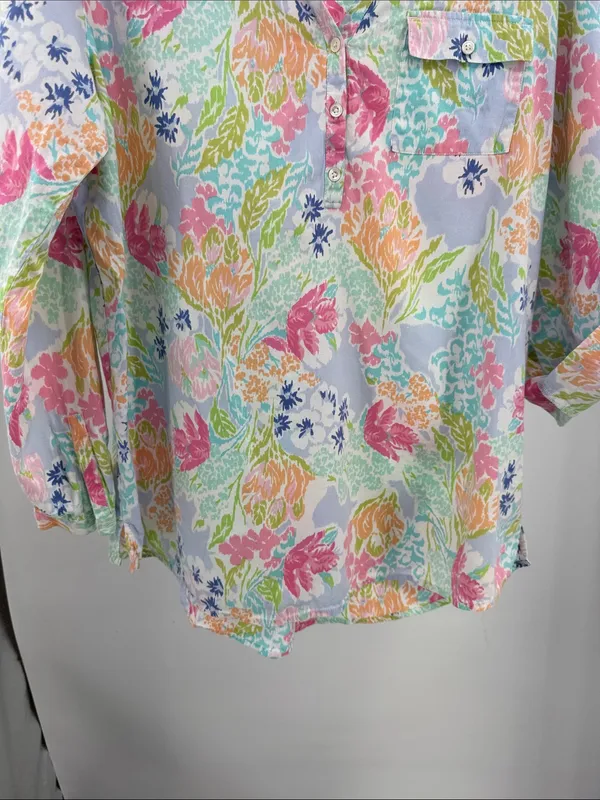 J. Jill Floral Watercolor Tunic in Blue, Pink, Green cotton roll tab sleeves M - Image 8