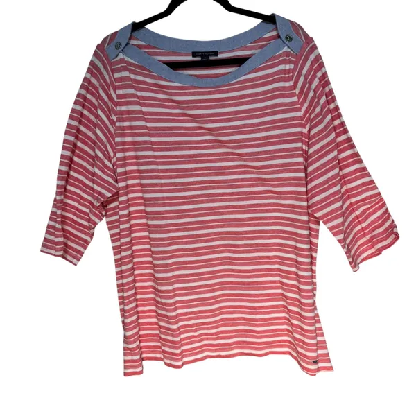 Tommy Hilfiger Womens Striped Knit Top Boat Neck‎ Button Detail Size 2X - Image 8