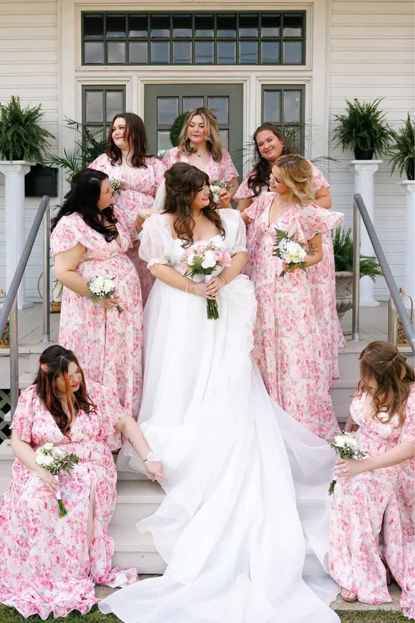Azazie Bridesmaid Dress Chiffon Abstract Watercolor Floral Pink A6 - Image 3