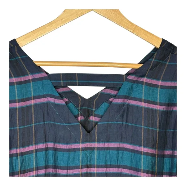 LOFT Plaid Blouse Women Medium Blue Teal Purple‎ Bell Sleeve V-Neck Strappy Back - Image 6