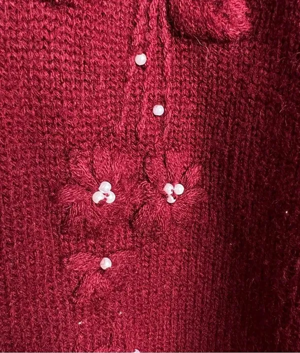 VTG Cardigan Sweater Maroon floral tonal embroidery Pearl bead details Grannycor - Image 3