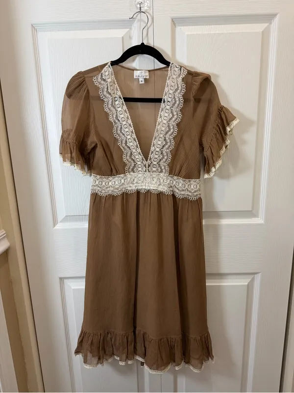 MIGUELINA Boho Lace-Trim V-Neck Mini Dress in Brown Small - Image 2