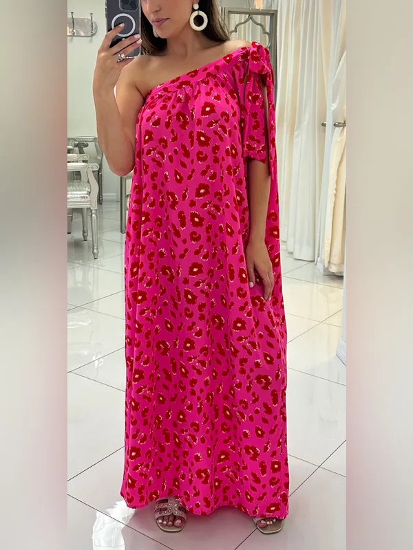 Jodifl hot pink and red leopard print one-shoulder flowy fit maxi dress M - Image 2