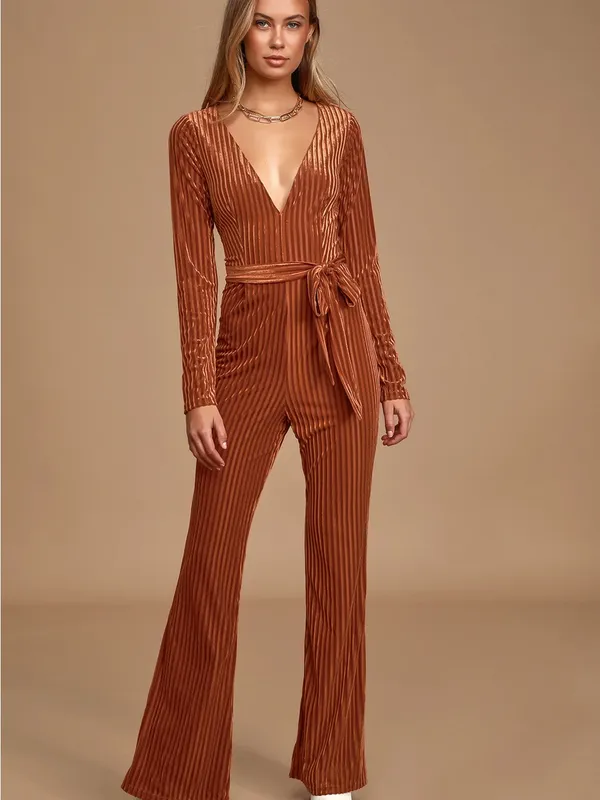 Striking a Pose Rust Orange Velvet Striped Long Sleeve Jumpsuit Size Small - Image 4