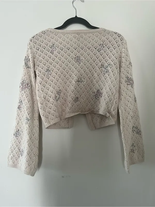 Cream Blue Floral Knit Tie Front Crochet Cardigan Small Cottagecore Feminine - Image 6