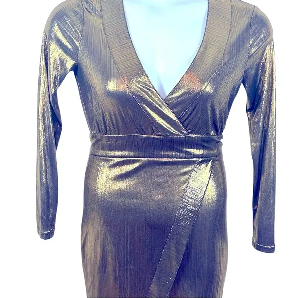 Lulu’s Metallic Gold Faux Wrap Asymmetrical Party Dress Semi Sheer Small Glam - Image 4