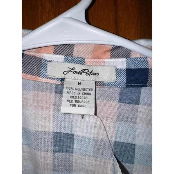 Love Potion Women Plaid Button Down Shirt Peach Navy Blue Short Sleeve SZ M (C) - Image 3