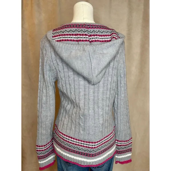Dressbarn Gray Cable Knit Hoodie Sweater L Pink Fair Isle Trim - Image 2