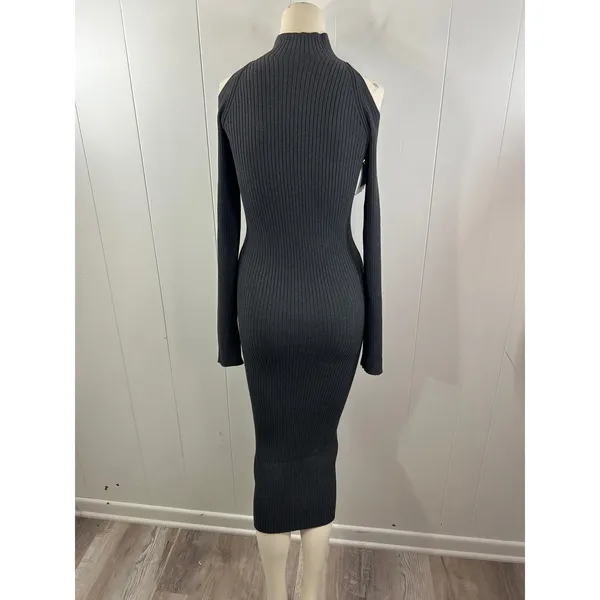 ASTR the Label Cold Shoulder Mock Neck Midi Sweater Dress in Charcoal. Size S. - Image 8
