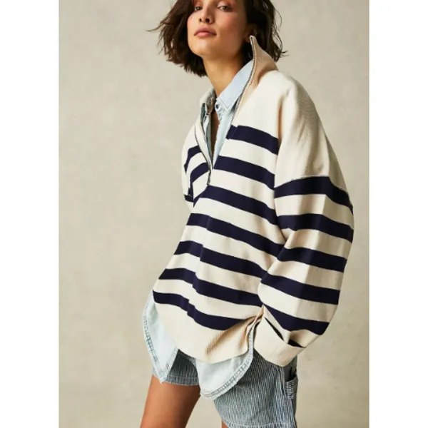 Free People Coastal Stripe Pullover Champagne Navy Combo Large - Image 8